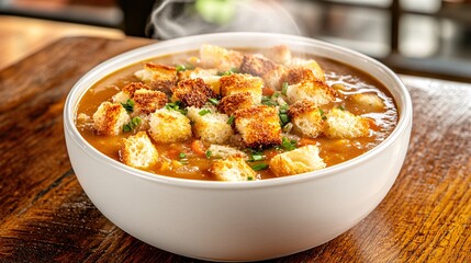 A steaming bowl of hearty soup topped with crispy croutons, perfect for evoking warmth and comfort during any meal. Ideal for food enthusiasts and culinary presentations.