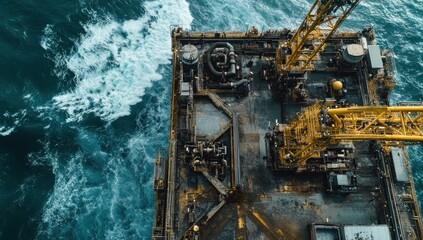 Aerial View of Offshore Oil Rig in Turbulent Ocean