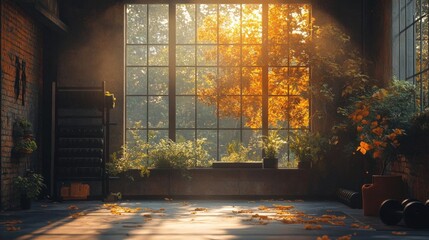 Sunlight Streaming Through a Window in an Empty Gym, Autumn Leaves Scattered on the Floor