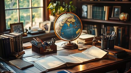 Study desk with globe, books, and writing tools near window.