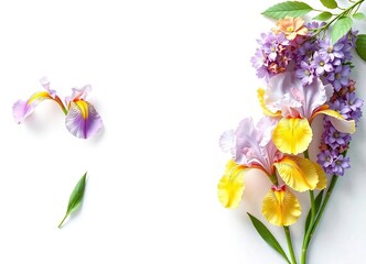 Naklejka premium White Background with Multicolored Lilac Yellow Iris Germanica Flowers, iris germanica, garden