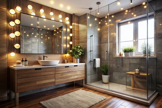 Modern Bathroom with Shower Box and Sink Cabinet Showcasing Elegant Design and Bokeh Effect for a Stylish Interior Space