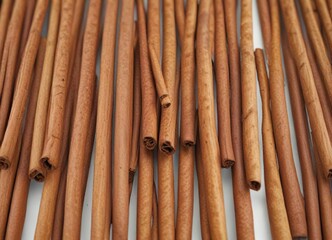 Spaced rows of cinnamon sticks on a white background , cooking tools, food presentation, kitchen utensils