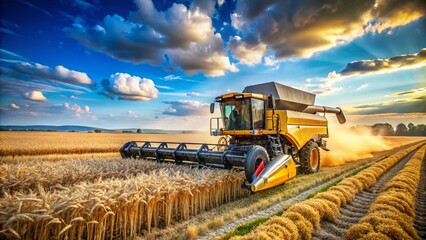 Fototapeta premium Modern Combine Harvester Efficiently Working in a Golden Wheat Field During Harvest Season, Showcasing the Agricultural Process and Machinery in Action