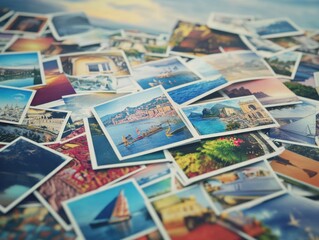 A Pile of Travel Photos: Memories of Seaside Towns and Tranquil Landscapes
