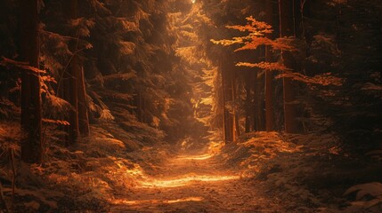 Obraz premium Sunlit path through autumnal forest.