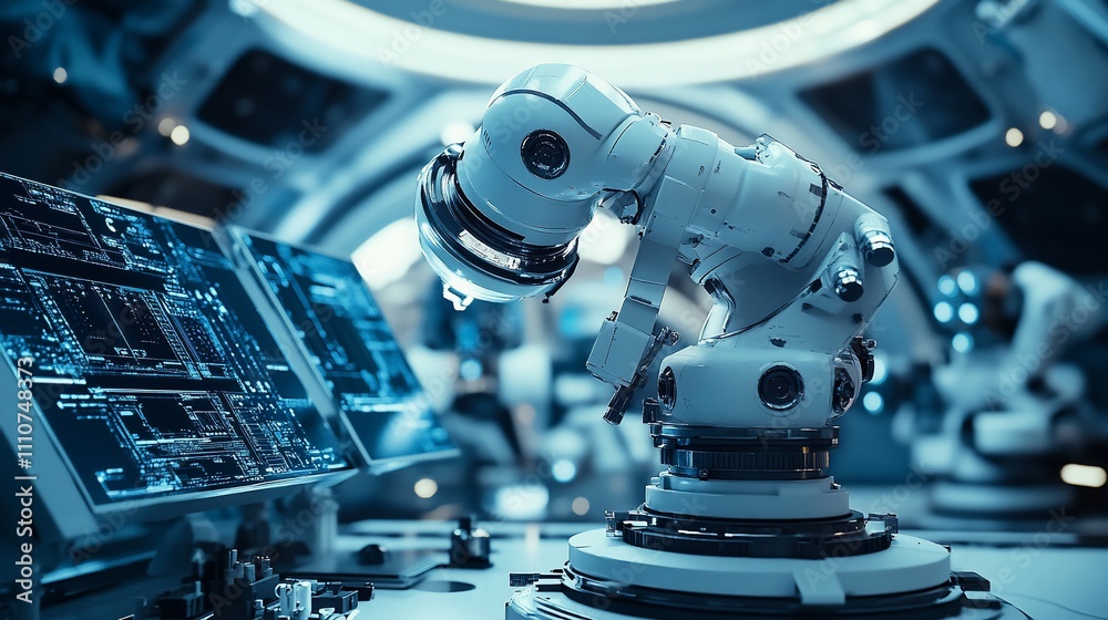 Poster futuristic robotic arm in a high-tech factory.