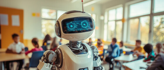 high resolution image of advanced robot teaching in classroom filled with children, showcasing technology and education. robot interacts with students, creating engaging learning environment