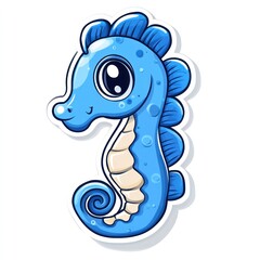 Adorable cartoon seahorse with big eyes, blue and white color scheme.
