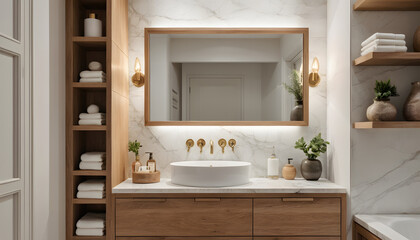 Stylish Small Bathroom with Warm Oak Elements and Wooden Mirror Frame