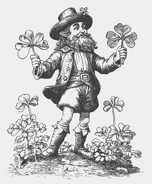 Vintage Black and White Leprechaun Illustration with Shamrocks. Vector Design.