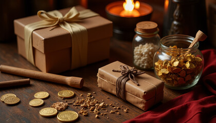 Fototapeta premium Celebration of Día de los Reyes with traditional gifts and sweet treats on a rustic wooden table