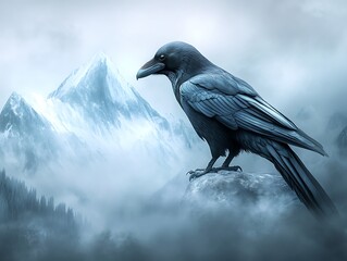 Fototapeta premium Solitary raven against a background of snow-capped mountains, subtle mist with cold blue and white tones