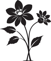 Black and white silhouette of two carnations growing on curved stems with leaves