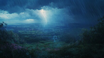 Thunderstorm with heavy rainfall over a landscape, capturingintensity