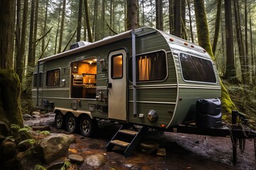 Naklejka premium Open trailer in the forest, comfortable outdoor recreation.