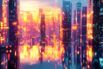 Neon Cityscape: A Futuristic City with Glowing Towers and Reflections