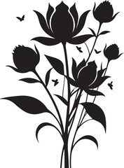 Black and white silhouette of two carnations growing on curved stems with leaves