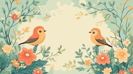 Two Birds on a Floral Branch - Vintage Floral Art