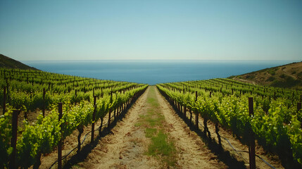 Fototapeta premium Vineyard Landscape With Blue Ocean Background Photo