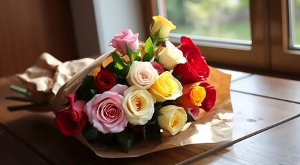 A beautifully arranged bouquet of roses in various colors—red, pink, white, and yellow—wrapped in rustic brown paper. The bouquet is placed on a wooden table by a sunlit window, with soft rays creatin