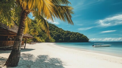 Tropical beach landscape with white sand and palm trees