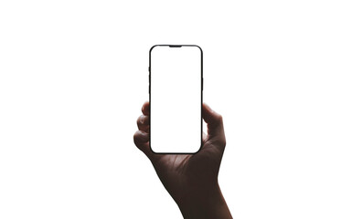 Smartphone mockup , Isolated of hand holding mobile phone with blank screen frame template on white background , clipping path.