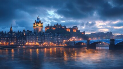Fototapeta premium Twilight cityscape with castle, river, and bridge.