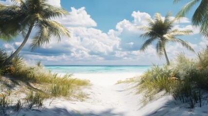 Tropical beach landscape with white sand and palm trees