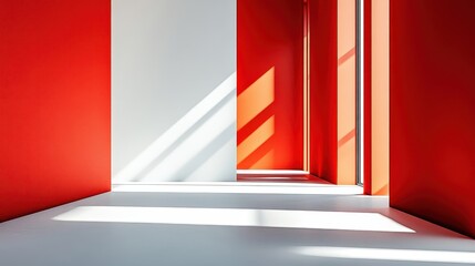 Minimalist Interior Design Featuring Bold Red and White Walls with Sharp Edged Rectangles and Dramatic Light Effects for Modern Spaces