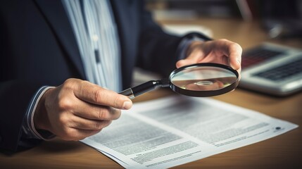 A photo of a person holding a magnifying glass to tax form review