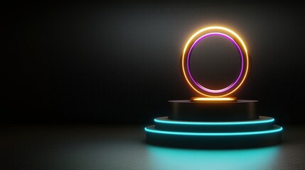 3D Neon Circle Platform with Glowing Ring Abstract Background