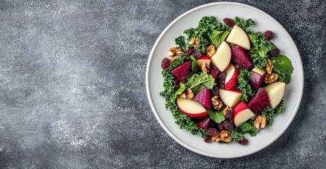 Kale Salad with Apple, Beetroot, Walnuts, and Raisins. AI generated illustration.