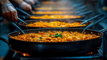 Chefs stir simmering pans of paella filled with vibrant ingredients, showcasing culinary skills at a lively outdoor gathering on a sunny day