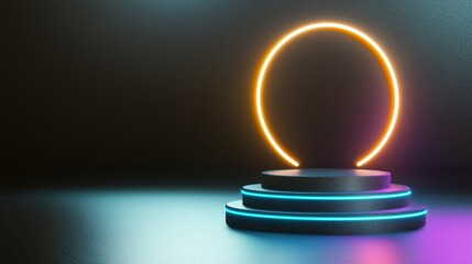 3D Neon Circle Platform with Glowing Ring Abstract Background