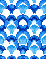 Fototapeta premium Blue wavy pattern. Handmade watercolor on paper. Bright ink on a white background. Grunge fabric texture. Digital painted seamless geometric arches comb pattern in repeat, detailed