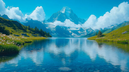 Naklejka premium Stunning mountain scenery with crystal-clear lake reflecting clouds and vibrant greenery under a bright blue sky during daytime