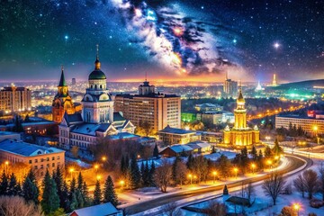 Obraz premium Night Photography of Ufa, Bashkortostan, Russia Showcasing Illuminated Cityscape, Cultural Landmarks, and Starry Sky in a Vibrant Urban Setting