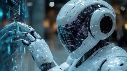 A futuristic robot interacts with a digital interface, showcasing advanced technology.