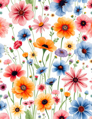 Watercolor seamless floral background. Colorful field flowers on white. Hand drawn pattern, retro style