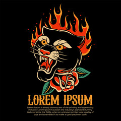 fire tiger traditional tattoo, panther tattoo, vintage tattoo design element typography