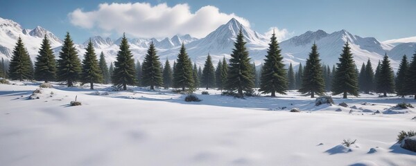 Snowy mountain landscape with Christmas trees, snowy mountain landscape, peaceful scene