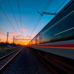 Fototapeta premium Transportation mode speeds on railroad tracks at sunset generative AI