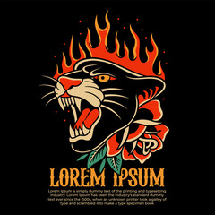 fire tiger traditional tattoo, panther tattoo, vintage tattoo design element typography
