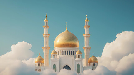 A majestic golden-domed mosque rises above fluffy clouds under a bright blue sky, creating a serene and ethereal atmosphere.