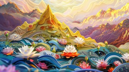 This stunning 3D origami paper art features a sunlit mountain scene with blooming lotus flowers.