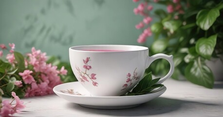 Modern white teacup filled with pink drink and accentuated by green and pink foliage, artistic, zen garden, aesthetic, refreshing drink