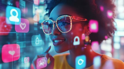 Video ads on various social media platforms, vibrant overlays with engagement icons