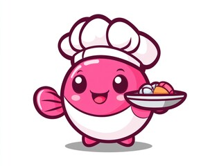 Here's a possible  and keyword list for your image.. Cute cartoon chef fish serving food.