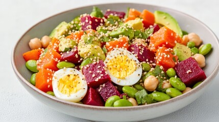 Colorful veggie and egg salad in a bowl with avocado, beets, chickpeas, and sesame seeds, showcasing healthy and vibrant food presentation.